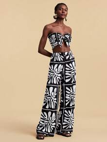 Travachic Bộ đồ thể thao nữ mùa hè thường ngày, phối màu tương phản, gồm áo croptop ống buộc dây và quần dài. - Nhiều màu - Xem 5