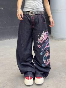 Manfinity EMRG Quần jeans ống rộng nam dáng casual in hình rồng, đã qua xử lý giặt. - Rửa tối - Xem 3
