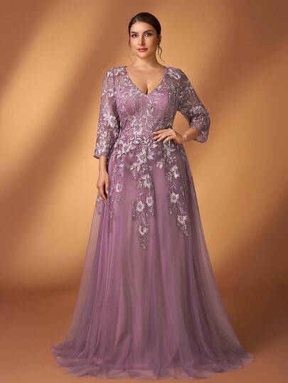 Serin Plus Size Elegant Luxury Beaded Embroidered V-Neck 3/4 Sleeve Applique Mesh Hem Dress, Suitable For Evening Party, Gala, Wedding, Music Festival, Mother Of The Bride Dress