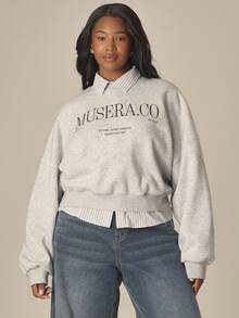 MUSERA Suéter corto con estampado gráfico para tallas grandes, cómodo y acogedor, estilo cottage core, casual para primavera y verano - Gris - Ver 2