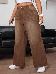 SHEIN ICON Jeans de talla grande para mujer de cintura alta con bolsillos y pierna ancha, de estilo casual y holgado - Café integral - Ver 6