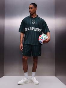PLAYBOY X SUMWON Men's Green F.C. Football Jersey Style Short Sleeve Polo Shirt With Vertical Stripes And Large Bunny Logo - Green - View 4