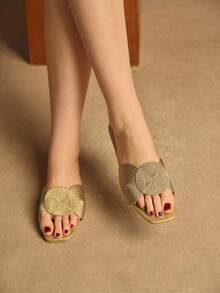 Rosivie Women's Fashion New Embroidered Slip-On Flat-Bottomed Square Toe Sandals - Gold - View 1