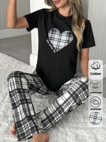 SHEIN PLUS SIZE Cotton 2 Pcs V Neck Black Top With Plaid Heart Print,Short Sleeve And Relaxed Long Pants Lounge Pajama Set - Black and White - View 1
