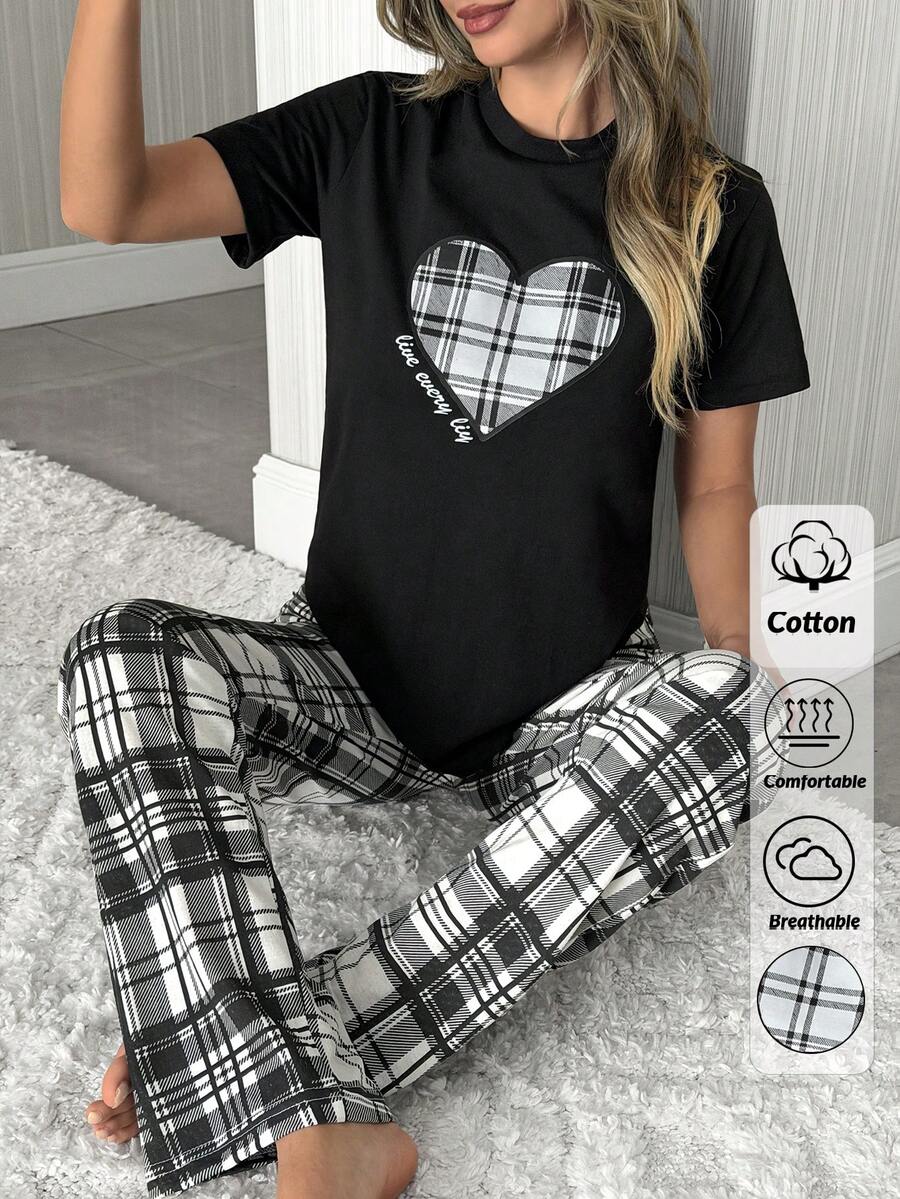 SHEIN PLUS SIZE Cotton 2 Pcs V Neck Black Top With Plaid Heart Print,Short Sleeve And Relaxed Long Pants Lounge Pajama Set - Black and White - View 1
