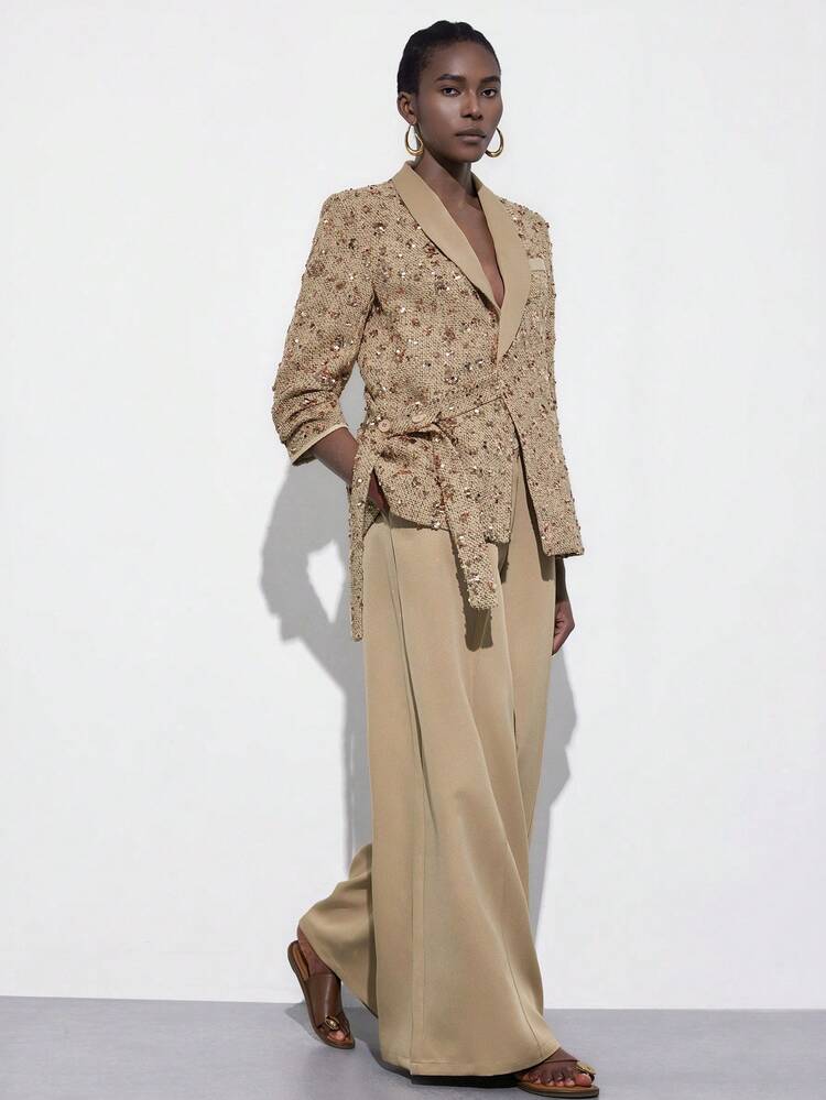 Aveloria Modichic Champagne Gold Tweed Beaded Jacket With Wrap