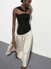 Aveloria Modichic 不对称拼接金属扣褶裥无肩带无袖连衣裙，收腰设计，简约优雅，适合派对等场合，百搭连衣裙 - 彩色 - 查看 5