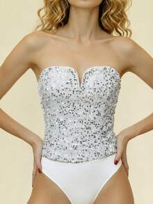 CAJUNI Bodysuit Bandeau Wanita Berwarna Polos dengan Hiasan Payet dan Motif Patchwork yang Glamor - Perak - View 7
