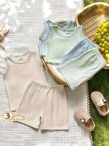 SHEIN Vintaside Kids 男婴夏季六件套服装，黑白条纹背心和短裤，舒适休闲百搭。 - 彩色 - 查看 3