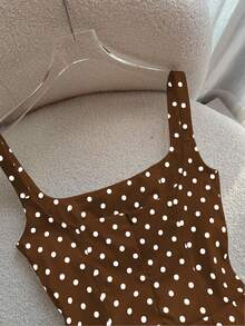 Women's Retro French Polka Dot Beach Vacation Spaghetti Strap Maxi Dress - Dark Brown - View 4