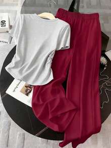 Teenage Girls' Casual Graduation Back-To-School Summer Set,Pleated Waist Short Sleeve Letter T-Shirt & Loose Wide Leg Sweatpants Sports Daily Wear - Multicolor - View 4