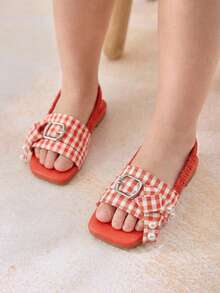 Cozy Pixies A Pair Of Girls' Orange And White Plaid Pearl Bow Summer Elastic Open-Toed Sandals, Suitable For Daily Wear, With Skirts, Summer Beach Leisure Play, Weekend Outing Party Princess Style Vacation - Orange - View 2