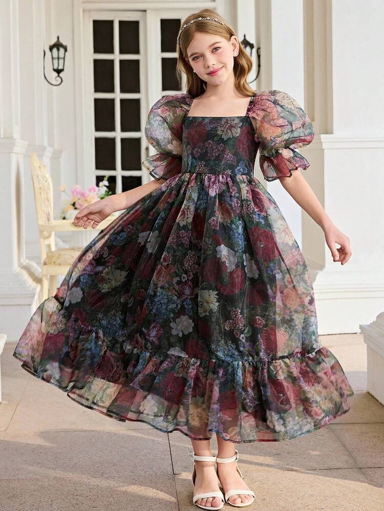 dark grey floral dress SHEIN Pitira Tween Girl Elegant Organza Dress,Dark Autumn Puff Sleeve Vintage Wedding Guest Party Dress,Young Girl Spring Short Sleeve Flower aacode