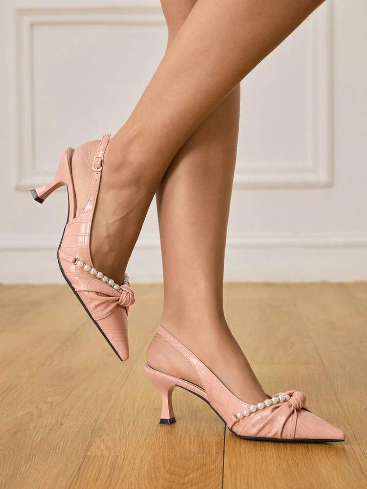 CUCCOO HITCHD Women's Simple Pointed Toe Faux Pearl Decor Casual Heels For Christmas Elegant Shoes Wedding Shoes