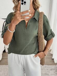 SHEIN LUNE Women's Casual Mid-Sleeve Shirt With Ring Decor, Suitable For Daily Wear And Vacation - Army Green - View 3