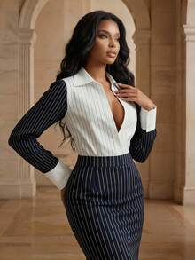 Savoree Women's Elegant Urban Chic High-End Navy Blue & White Striped Patchwork Waist Shirt, Spring/Summer - Black and White - View 5
