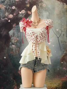 EgrlEra Áo thun ngắn tay in họa tiết hoa lãng mạn dành cho nữ - Nhiều màu - Xem 2