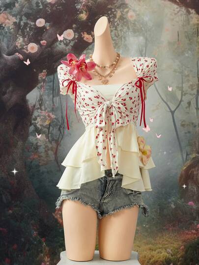 EgrlEra 女士浪漫花卉印花短袖T恤