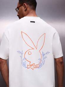 PLAYBOY X SUMWON Áo thun nam tay ngắn cổ tròn màu trắng dáng rộng, chất liệu cotton, in họa tiết phía sau, phong cách đường phố, thường ngày, thích hợp cho mùa hè và mùa xuân. - trắng - Xem 1