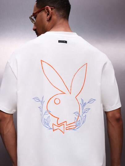 PLAYBOY X SUMWON T-shirt en coton à col rond blanc surdimensionné pour hommes avec imprimé au dos, style de rue décontracté, tenue d'été et de printemps