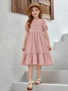 SHEIN Young Girl Woven Solid Color Round Neck Puff Sleeve Casual Dress Dusty Rose Dress Kids Kids Paris Dress Girls Puffy Sleeve Dress Girls Spring Autumn French Style Dress Mauve Dress For Kids Tea Party Dress Lilas Dress For Girls Girls Puff Sleeve Dress - Beige - View 3