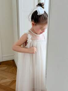 DAZY Girls Sleeveless Round Neck Mesh Tulle Dress, Young Girl Fall Clothes - Apricot - View 3