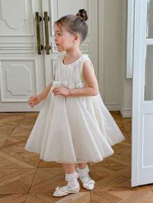 DAZY 女童圆领无袖网纱可爱公主裙，秋季装扮 - 杏色 - 查看 3