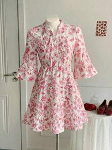Vestido casual para meninas pré-adolescentes com estampa floral e de borboletas, decote vazado, mangas com babados e barra em camadas, ideal para férias na primavera/verão/outono. - Rosa - Ver 1