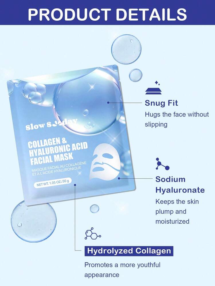 SlowSunday Collagen & Hyaluronic Acid Facial Mask, Korean Collagen Mask, Jelly Collagen Face Mask, Deep Moisturizing, Improve Elasticity, Smooth Skin, K Beauty, For Winter, Skin Care, Y2K, New Year, For Valentine's Day, Valentines Gift, Valentines Day Gift, Ideal For Party - Blue and White - View 5