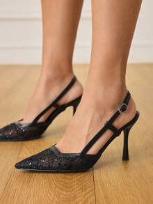 CUCCOO HITCHD 纯色拼接金属装饰简约休闲女式高跟鞋春季鞋款春假复活节舞会高跟鞋 - 靜夜黑色 - 查看 7