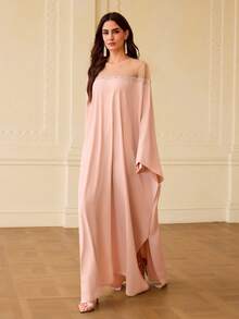 ZEYLAH Women's Contrast Mesh Batwing Sleeve Loose Elegant Arabic Style Dress - Pink - View 4