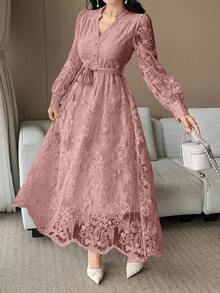 DAZY 女士优雅蕾丝领系带中长连衣裙，春夏吊带裙 - 粉色 - 查看 3