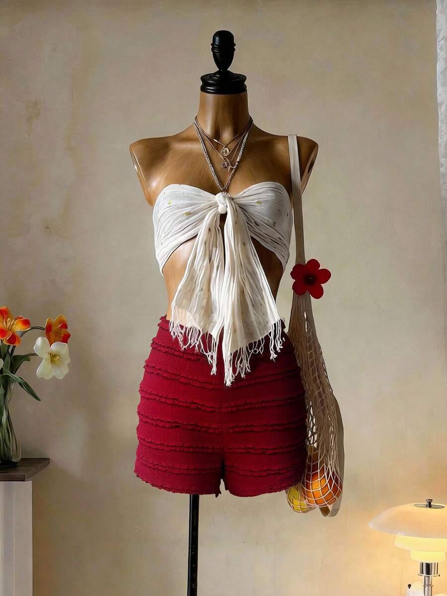 Lyxana Women's Solid Color Frill Trim Skinny Casual Shorts - Red - View 1