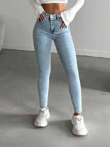 SHEIN Quần jean skinny cạp cao màu xanh tuyết dành cho người nhỏ nhắn - Rửa nhẹ - Xem 3