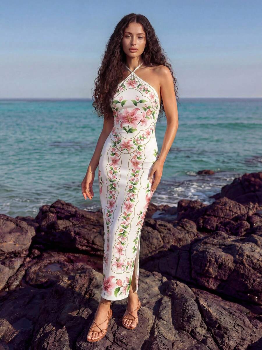 CAJUNI Midi Knit Dress With Rose Gouache Floral Print. - Pink - View 1