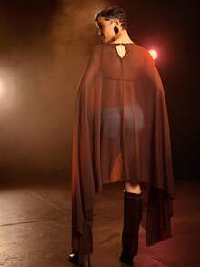 Hauture Women's Sexy Round Neck Asymmetrical Shawl Draped Mesh Top - Brown - View 2