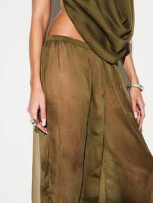 KIZN Pantalones anchos de pierna ancha tipo globo de gasa para mujer, de cintura alta, fluidos y casuales para el verano, con cintura elástica y estilo bohemio - Verde militar - Ver 4