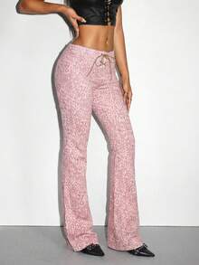 Jeanoix Quần jeans ống loe dáng casual họa tiết da báo thắt eo dành cho nữ - Hồng - Xem 4