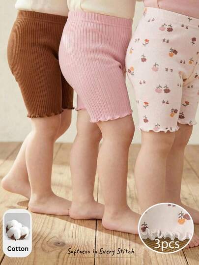 Cozy Pixies Baby Girl Summer Cute Solid Color Knit Shorts Set, Floral Pattern & Solid Color, Soft Knit Elastic Waist Shorts, Versatile & Comfortable, Suitable For Summer, Indoor, Home, Outdoor, Vacation Baby Girl Summer Shorts 3pcs Set Baby Girl Shorts Stretchy Waist Shorts Ruffle Hem Shorts Knitted Fabric Shorts Floral Print Shorts Baby Girl Clothes Lettuce Trim Baby Girl Biker Short Baby Girl Leggings Cotton Baby Girl Bottoms Baby Girl Casual Shorts Set Baby Girl Biker Shorts