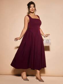 Cravure Plus Size Women's Solid Color Flared Square Neck Sleeveless Elegant Dress - Burgundy - View 4