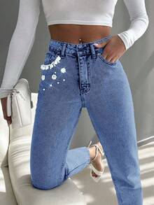 EURMUSE 100%Cotton High Waist Pearl Decor Mom Fit Jeans - Baby Blue - View 4