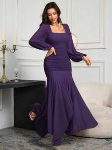 Modelyn Women's Elegant Solid Color Maxi Mermaid Dress For Party - Purple - View 3