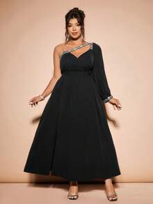 Cravure 大码不对称领口高开衩优雅针织晚礼服 - 黑色 - 查看 7