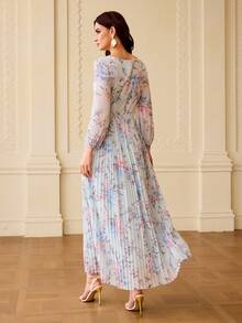 ZEYLAH Fashionable Printed Pleated Women Dress - Blue - View 2