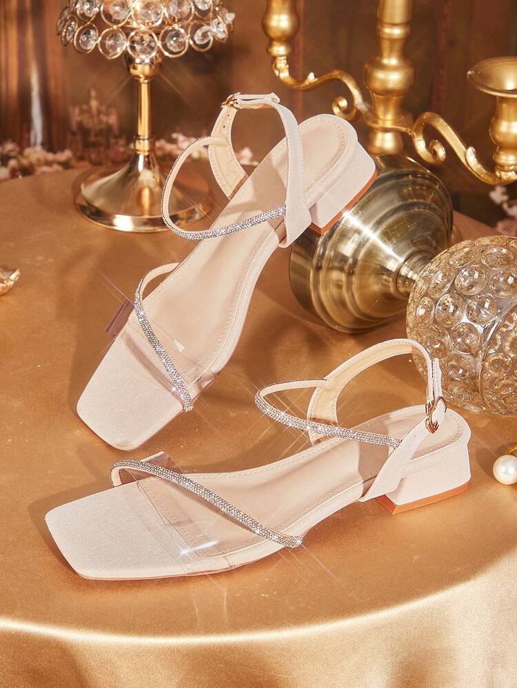 CUCCOO TILAWA Women's Square Toe Champagne Color Rhinestone Decor Peep Toe Low Heel Versatile Fashion Date Night High Heel Sandals
