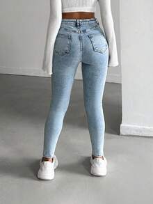 SHEIN Quần jean skinny cạp cao màu xanh tuyết dành cho người nhỏ nhắn - Rửa nhẹ - Xem 2
