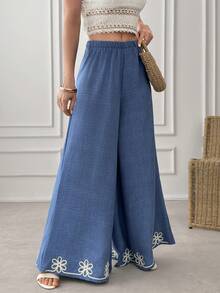 EURMUSE Women, Spring, Summer, Pant, Embroidery, Navy, Linen Look, Loose Fit, - Navy Blue - View 4