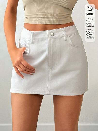 EURMUSE Women's Pocket Button Decor Fashionable Versatile Date/Casual Denim Mini Skirt