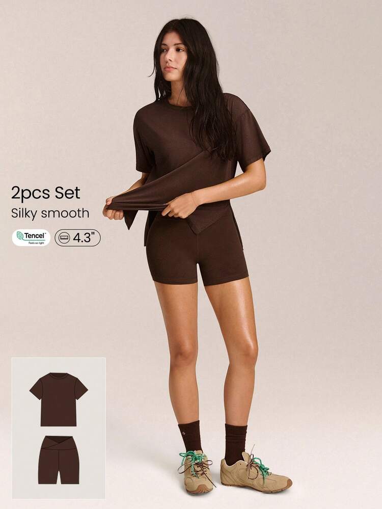 2 Pieces Tencel™ Modal 4.3'' Everymode Soft Silky Oversized Tee & FeatherFit™ Buttery-Soft Lightweight Sweat-Wicking Crossover Waist Biker Shorts Low Impact Gym Studio Cycling Workout Running Daily Active Wear