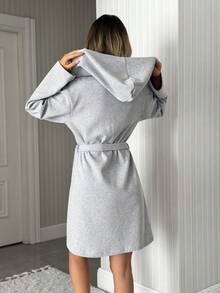 SHEIN Women Waffle Knit Hooded Detail Robe With Belt Detail Homewear Comfort Lounge Robe - Grey - View 2